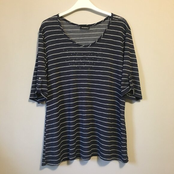 Canadian Rhinestone Collar Half Sleeve Distressed Rayon Striped Top - Picture 1 of 16